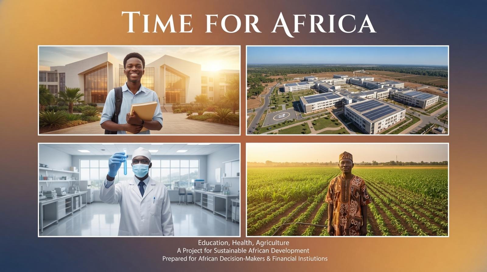 Couverture Time for Africa : un étudiant devant une université, un campus hospitalier à panneaux solaires, un chercheur en laboratoire et un agriculteur dans un champ.